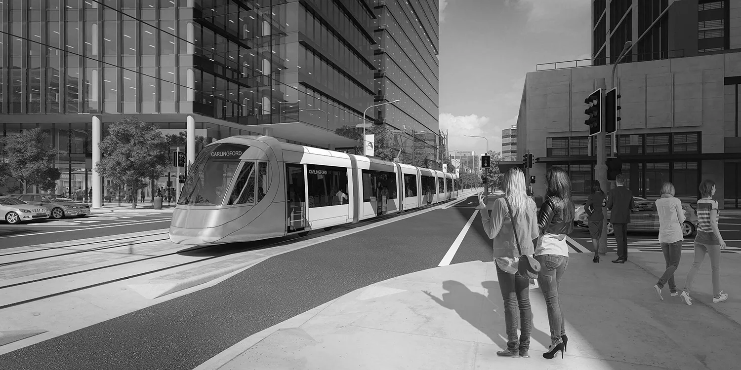 Parramatta Light Rail tram and streetscape
